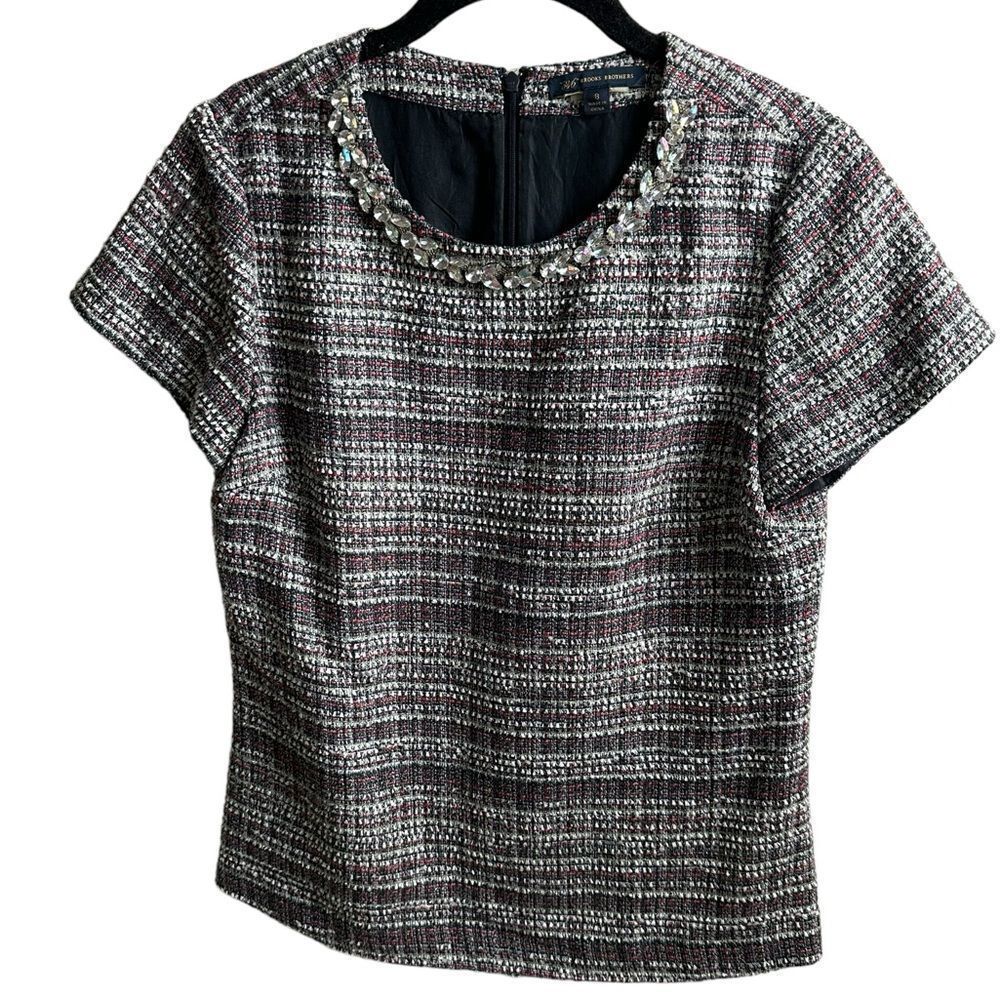 BROOKS BROTHERS TWEED SHORT SLEEVE TOP BLACK/WHITE SIZE 14 NWT